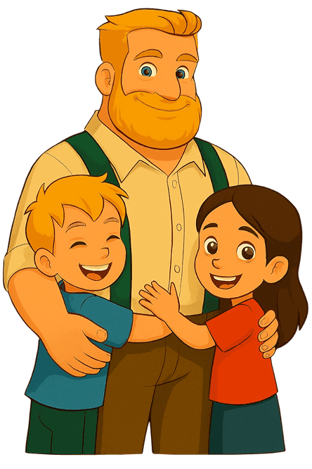 Illustration of a bearded man hugging a smiling boy and girl