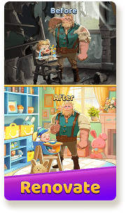 Follow the Story! - Two characters, a man and a woman, in a dramatic scene. 
                  Renovate - A before-and-after scene showing a room renovation, with a man and a child. 
                  Make Jewelry - An illustration of various gems and a jeweled tiara.