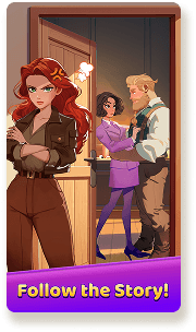A stylized
            illustration shows an angry-looking woman with long red hair, wearing
            a brown jacket, standing with her arms crossed. She is positioned in
            the foreground, looking toward the viewer with a scowl. In the
            background, seen through an open doorway, a man with a beard and a
            woman with short dark hair are standing close to each other. The woman
            in the background is touching the man's chest. Below the illustration,
            a purple banner with a yellow border says - Follow the Story!