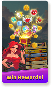 A stylized illustration of a red-haired woman
                with a red top, smiling and pointing toward the center
                 of the image. A glowing treasure chest is in the middle, 
                 with various items floating above it, including coins,
                  a heart with wings, a magnifying glass, and a hammer. 
                  In the background, there is a mountain landscape.
                   To the right of the woman, a menu-like interface is shown
                    with different rows and coin values.
                    A purple banner at the bottom says - Win Rewards!