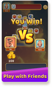  A stylized illustration showing a You Win! screen from a mobile game. 
              In the center, there is a large VS logo, with two characters on either side:
              one male character with glasses named Leo and another female character with a crown named Nana.
              Below Leo, a stack of gold coins is shown with the number 100. The background features a dark, cloudy sky. 
              A purple banner at the bottom says Play with Friends.